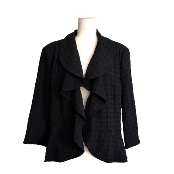 Toni Morgan Black Ruffled Open Front 3/4 Sleeve Cardigan Jacket Blazer Large - Picture 1 of 12